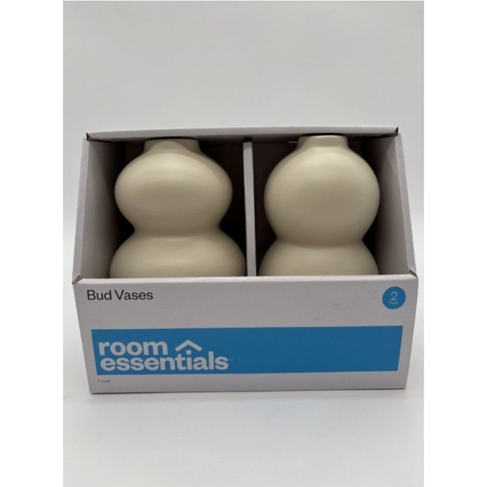 Room Essentials 2 Pack Ceramic Bud Vases Cream Matte Gourd Shape Modern Decor